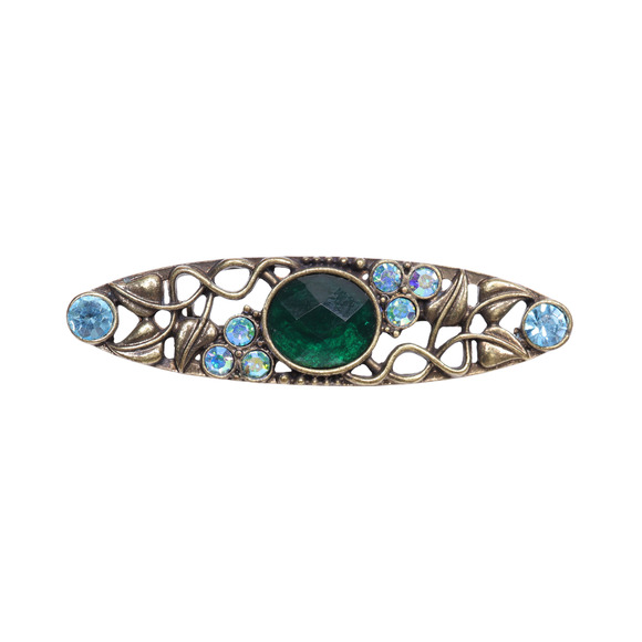 Green Blue Rhinestone Copper Look Brooch With Safety Clasp Closure - 2 Inches - Picture 1 of 4